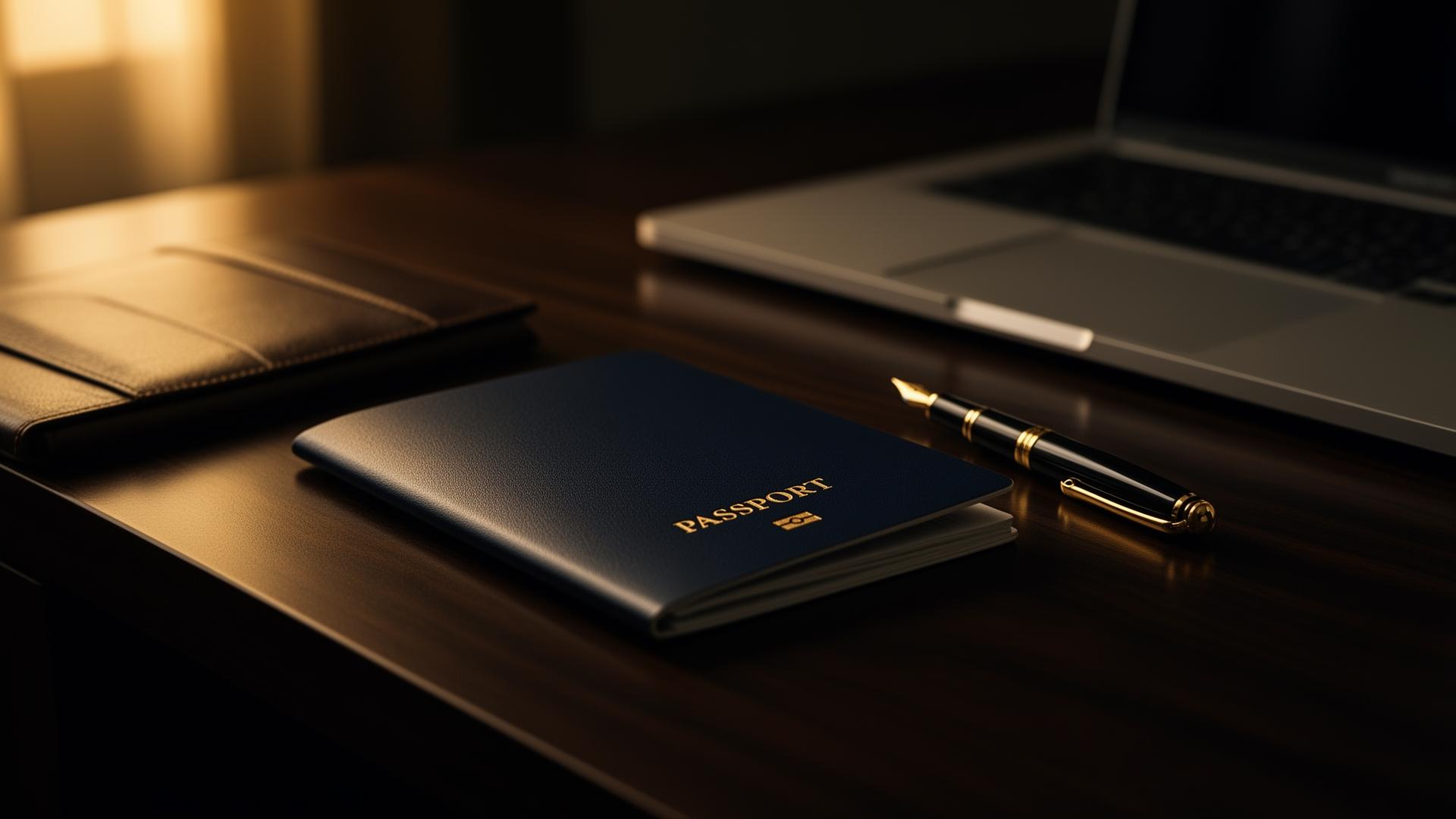 Pasaporte, libreta y pluma sobre escritorio premium — LexStatus gestión migratoria